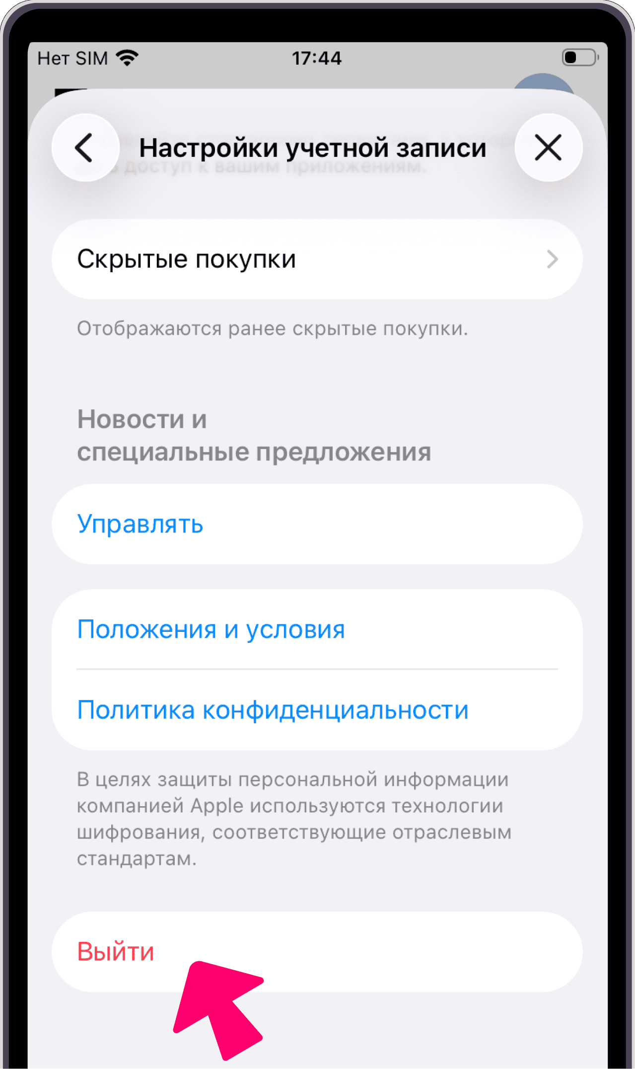 Кнопка Выйти в App Store