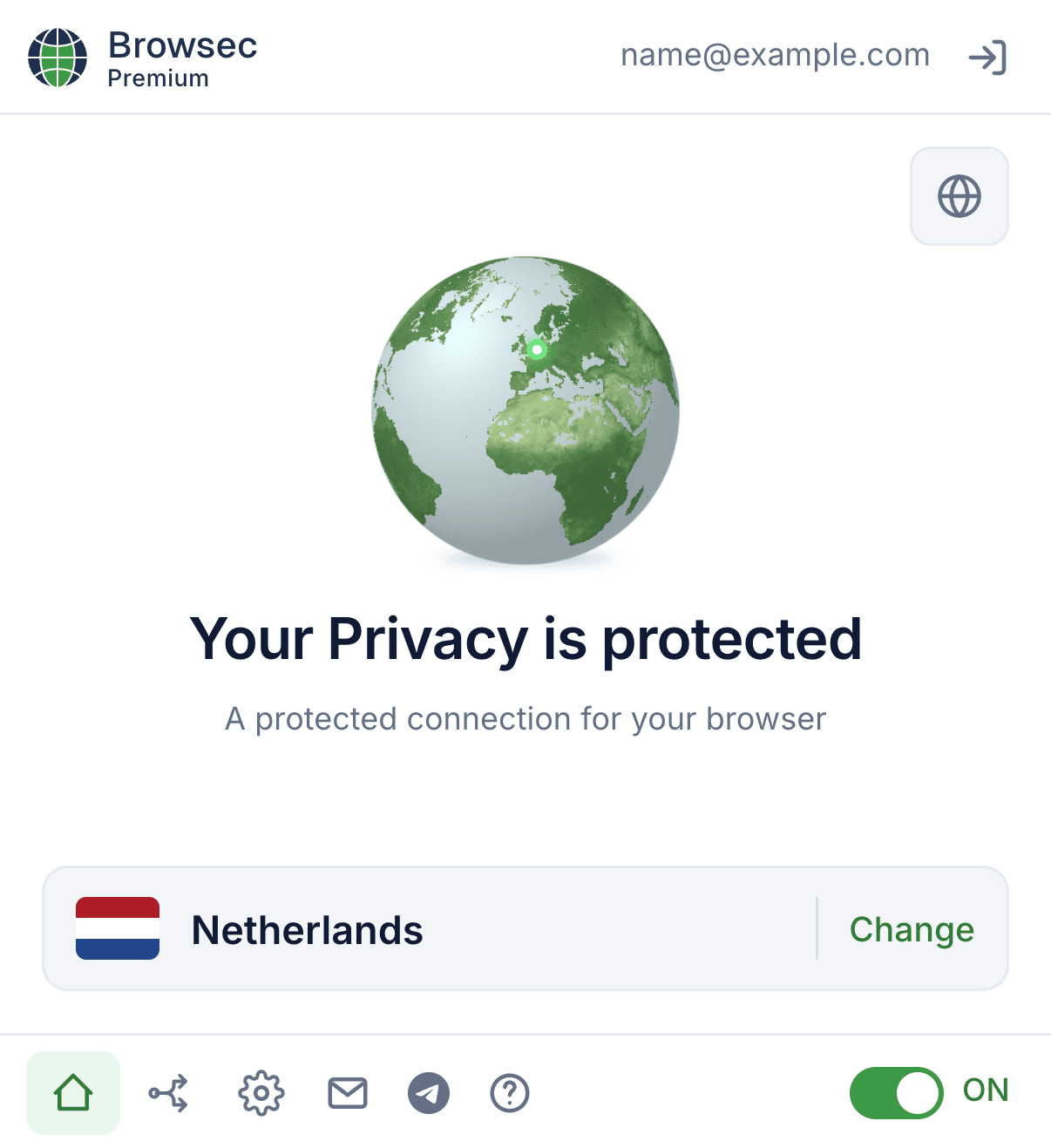 Ventana de la extensión VPN y proxy Browsec con conexión en un clic